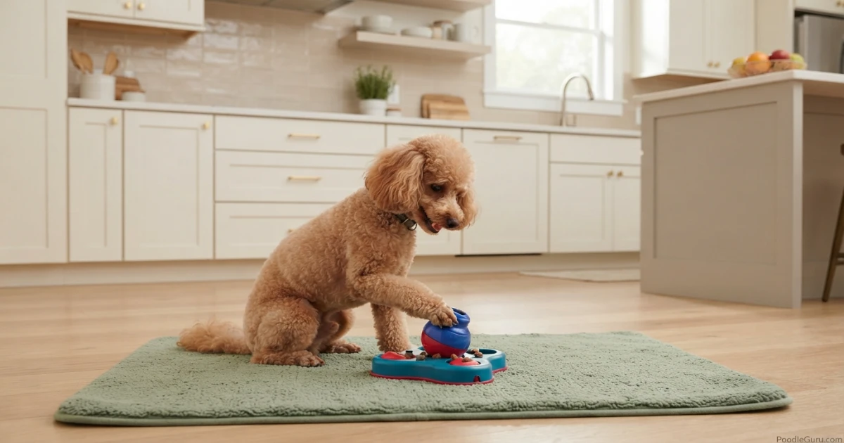 Poodle using puzzle toy as enrichment to prevent counter surfing