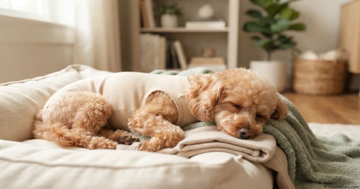 Miniature Poodle resting comfortably in a soft recovery onesie after spay surgery at home