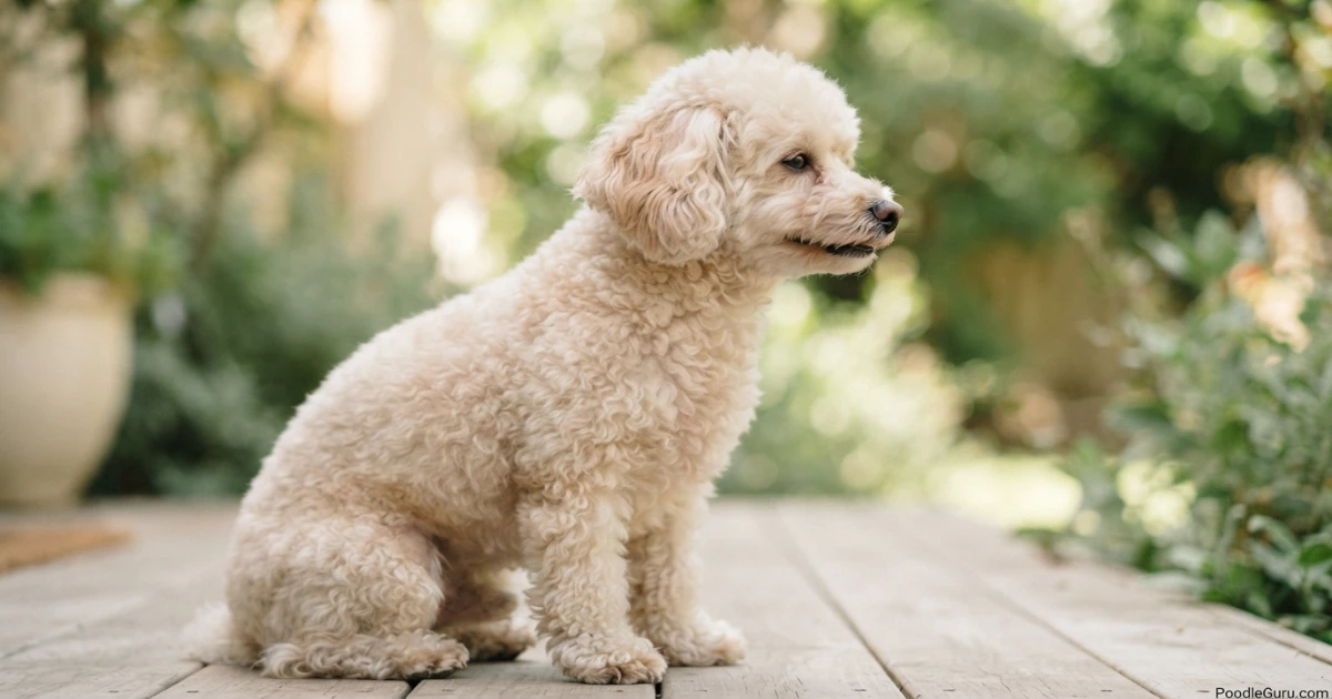 Close-up of a relaxed Toy Poodle with soft eyes and slightly open mouth during an introduction