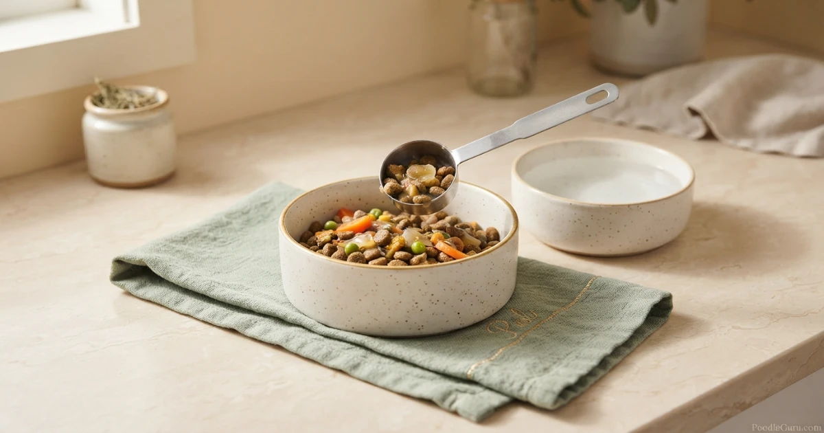 Prescription renal diet dog food being prepared in a ceramic bowl for a poodle with kidney disease