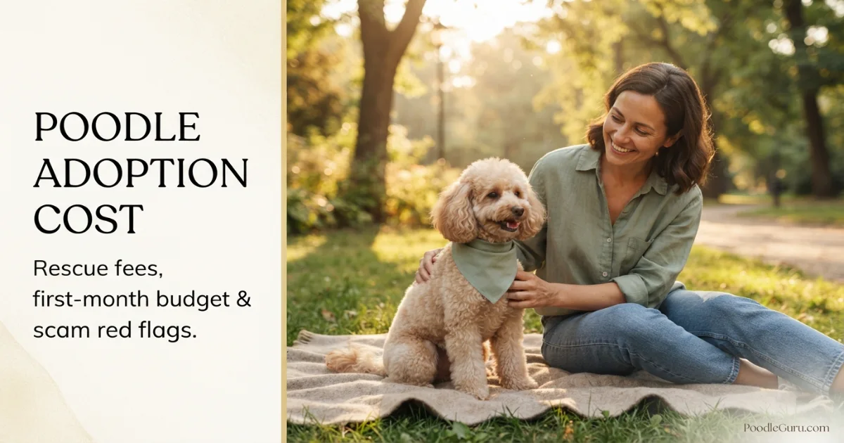 Adopted Miniature Poodle with new owner, illustrating poodle adoption cost and rescue planning