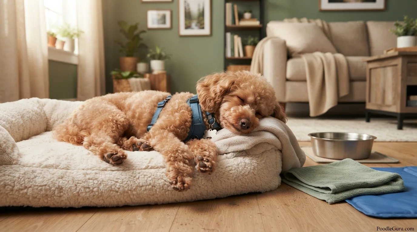 Miniature Poodle resting on a dog bed after a hike, looking content and relaxed