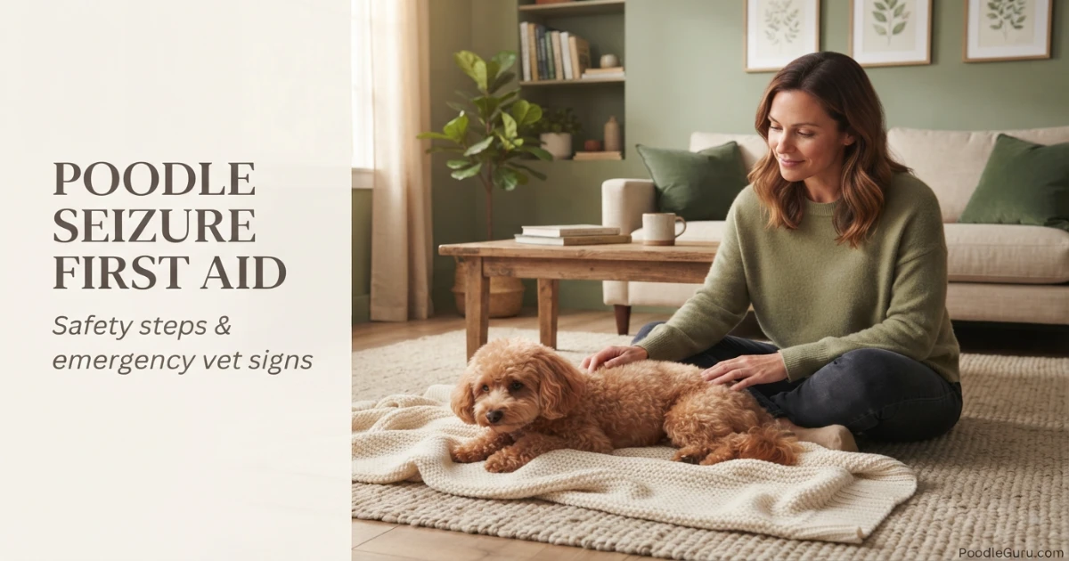 Toy Poodle resting calmly with owner nearby after poodle seizure first aid