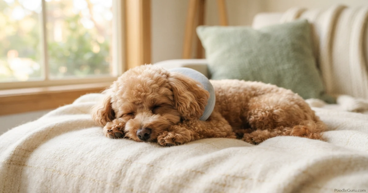 Apricot Toy Poodle resting calmly — poodle pancreatitis symptoms recovery context