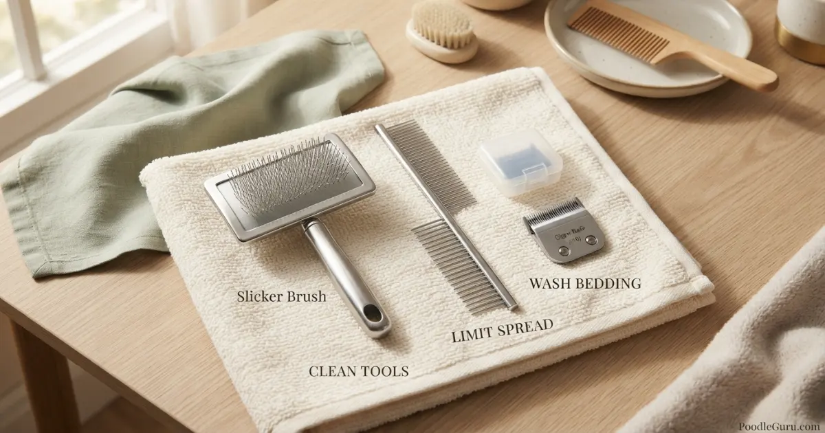 Poodle grooming tools showing ringworm spore contamination risk