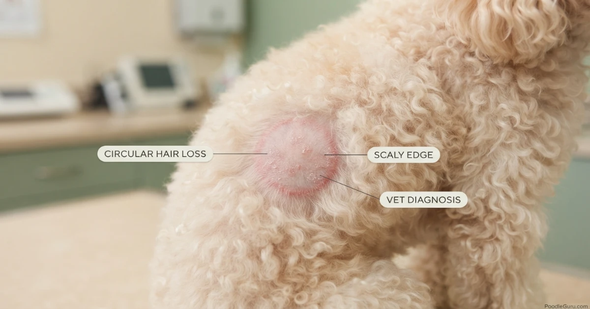Close-up of poodle ringworm lesion with circular hair loss and scaly edge