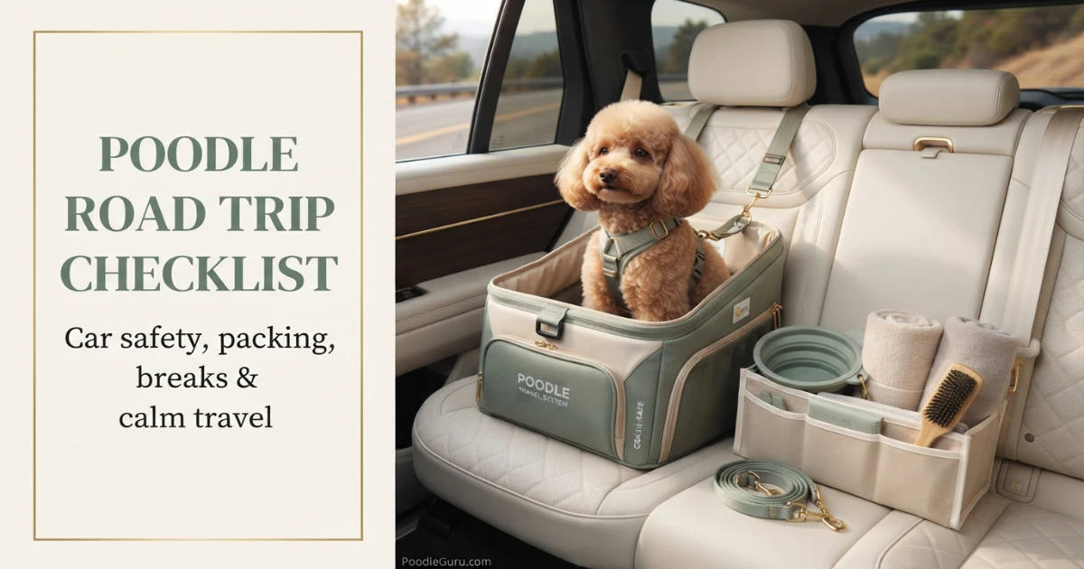 Road trip with dog checklist for poodle secured safely in a car with travel essentials