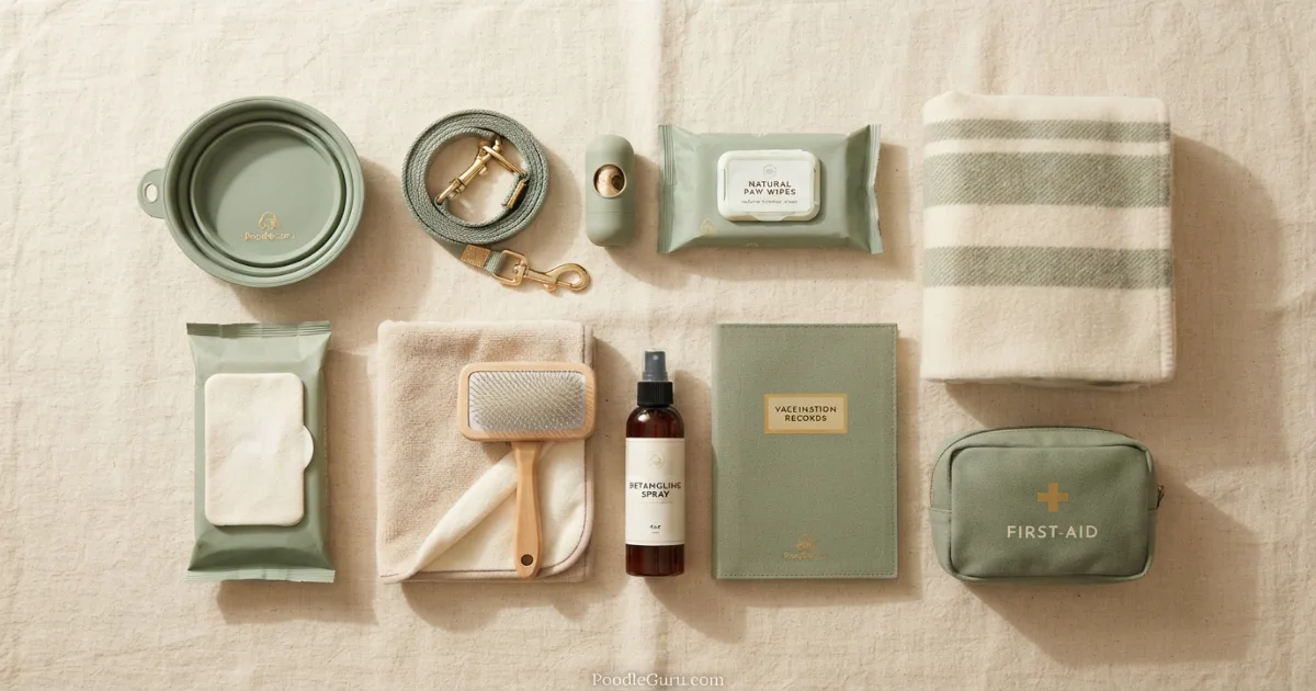 Poodle road trip essentials flat lay with bowls leash wipes brush records and first aid pouch