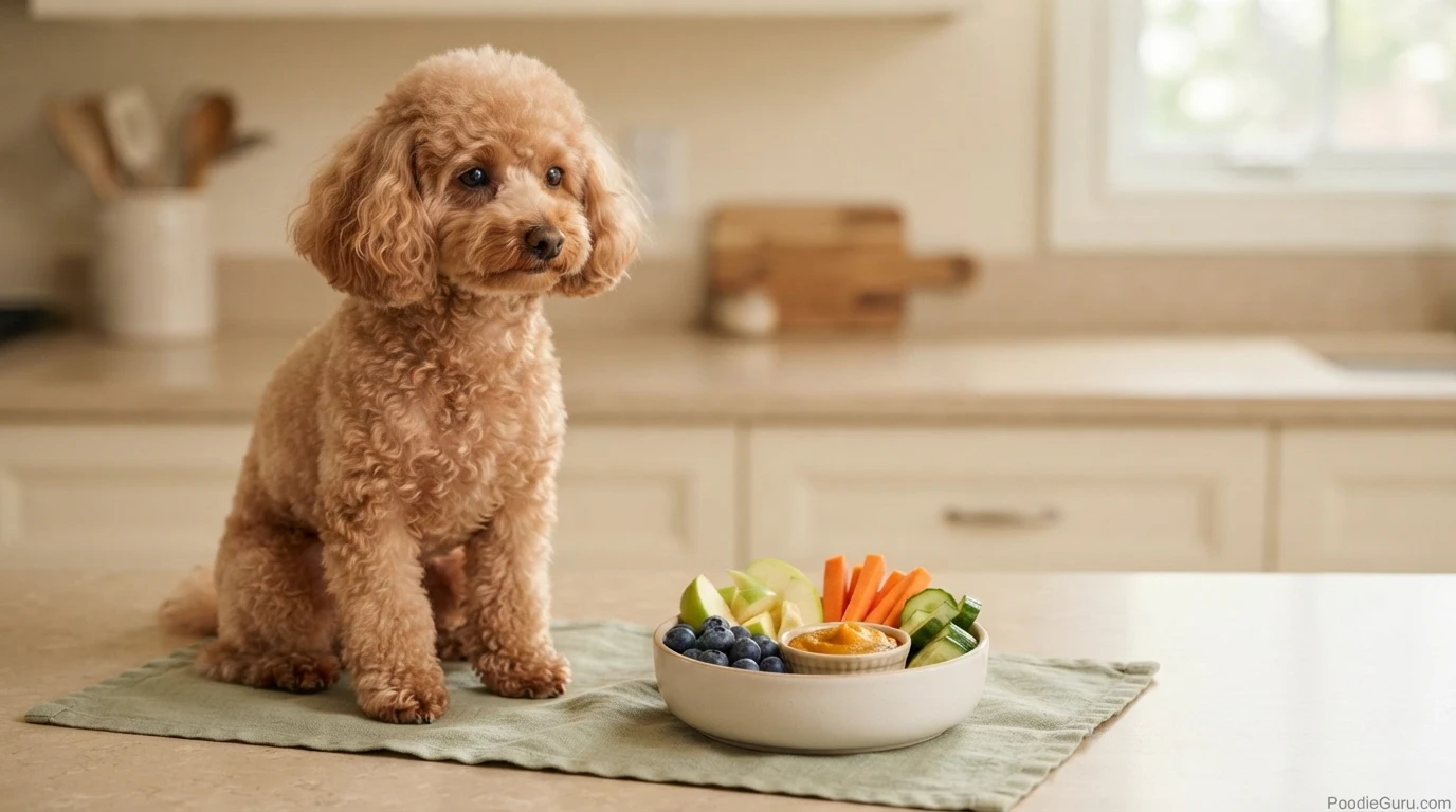 Miniature Poodle beside safe fruits and vegetables for dogs