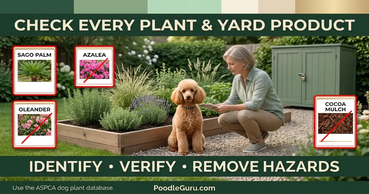 Miniature Poodle beside a safe garden plant audit showing toxic plants mulch and locked chemicals