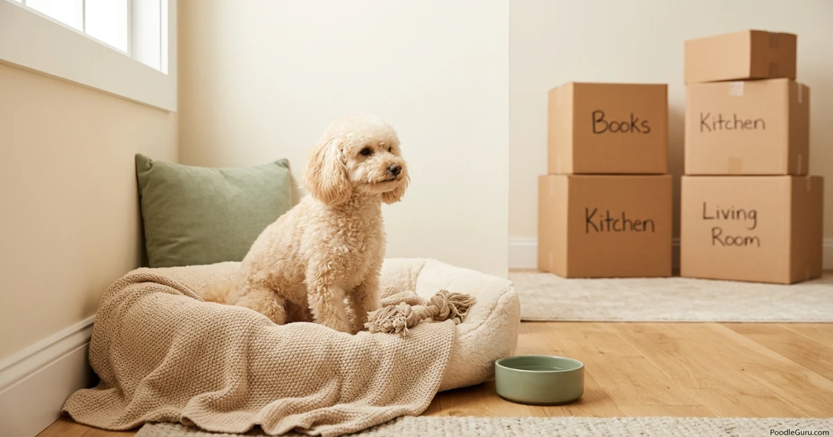 Toy Poodle resting in a quiet safe zone during a household move