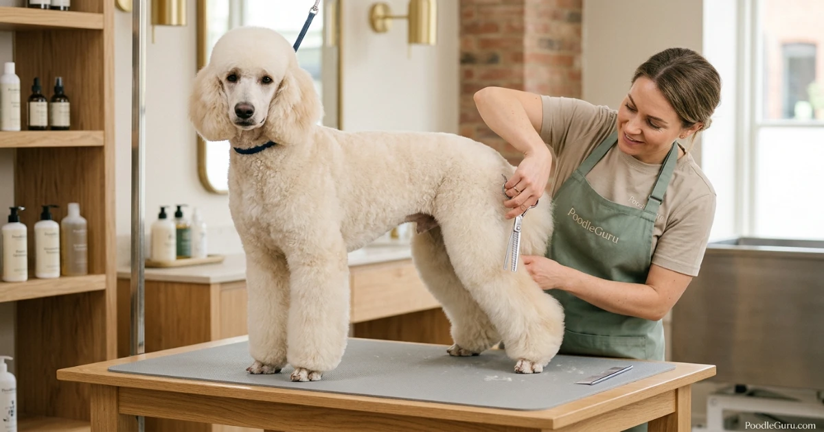 Professional groomer scissoring leg volume for a poodle Scandinavian clip