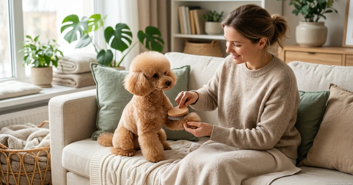 Owner line brushing a toy poodle Scandinavian clip at home
