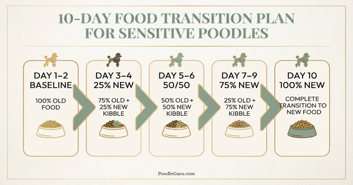 Visual 10-day gradual food transition chart for poodles with sensitive stomachs