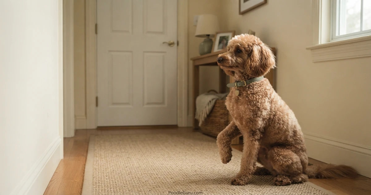 Poodle with worried expression looking toward a closed door, suggesting separation anxiety