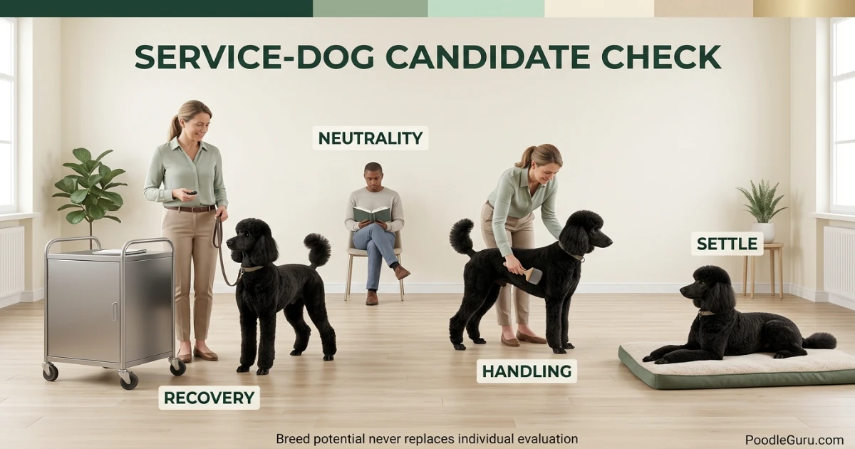 Poodle service dog training candidate evaluation for recovery neutrality handling and settle skills
