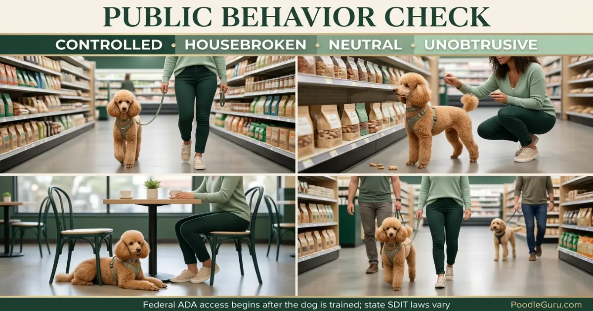 Miniature Poodle demonstrating controlled public service-dog behavior in a pet-friendly training setting