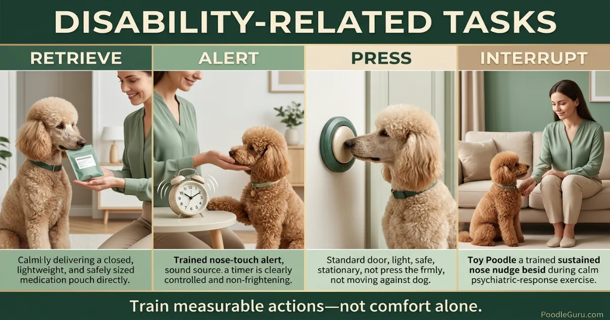 Poodles practicing retrieval sound alert button press and psychiatric response tasks