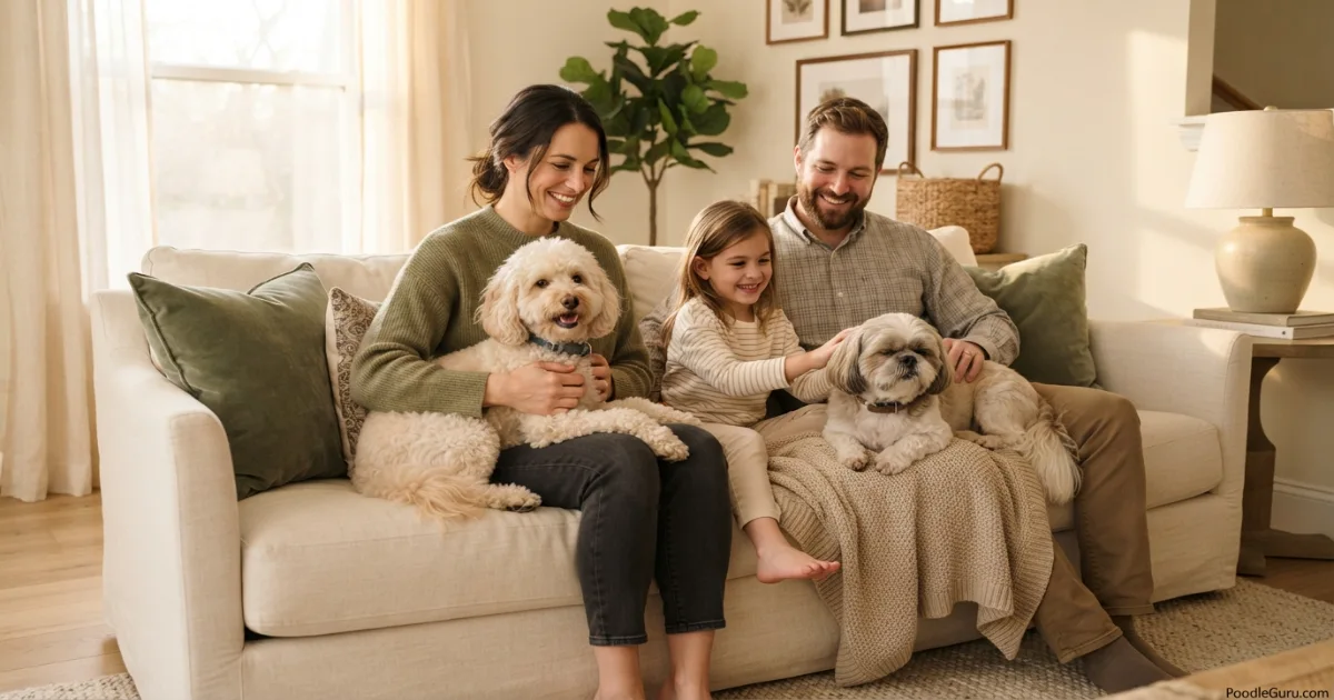 Family with Toy Poodle and Shih Tzu at home