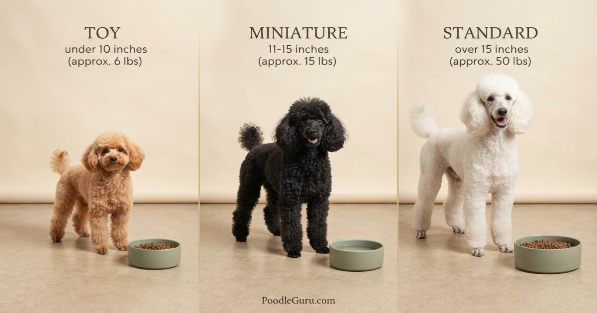 Toy, Miniature, and Standard poodles standing beside proportionally sized food bowls