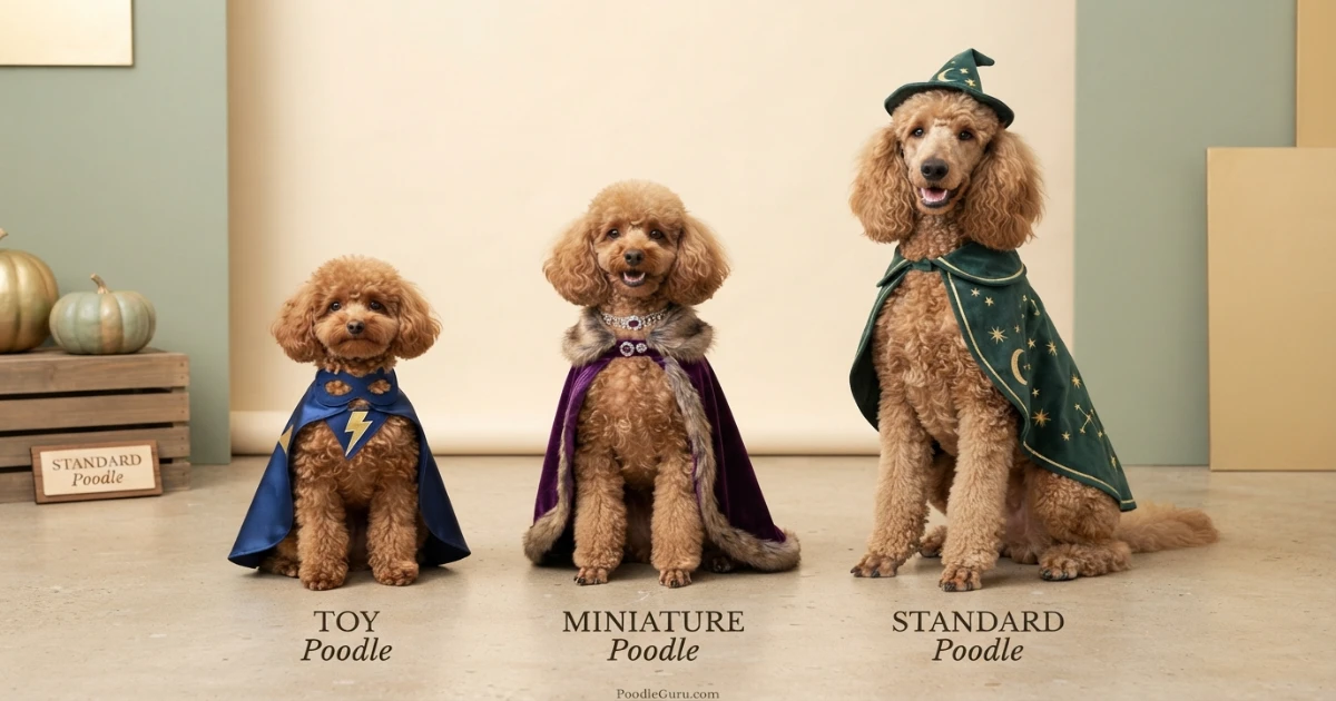 Toy, Miniature, and Standard Poodles wearing simple safe cape Halloween costumes