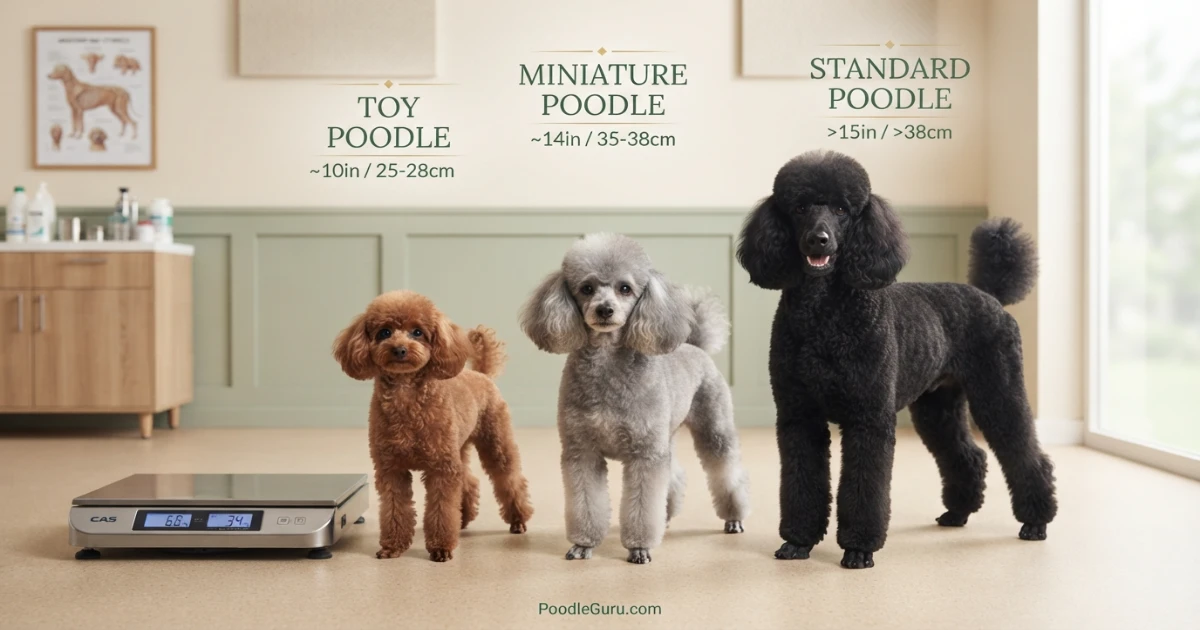Toy, Miniature, and Standard Poodles standing on a veterinary scale for size comparison