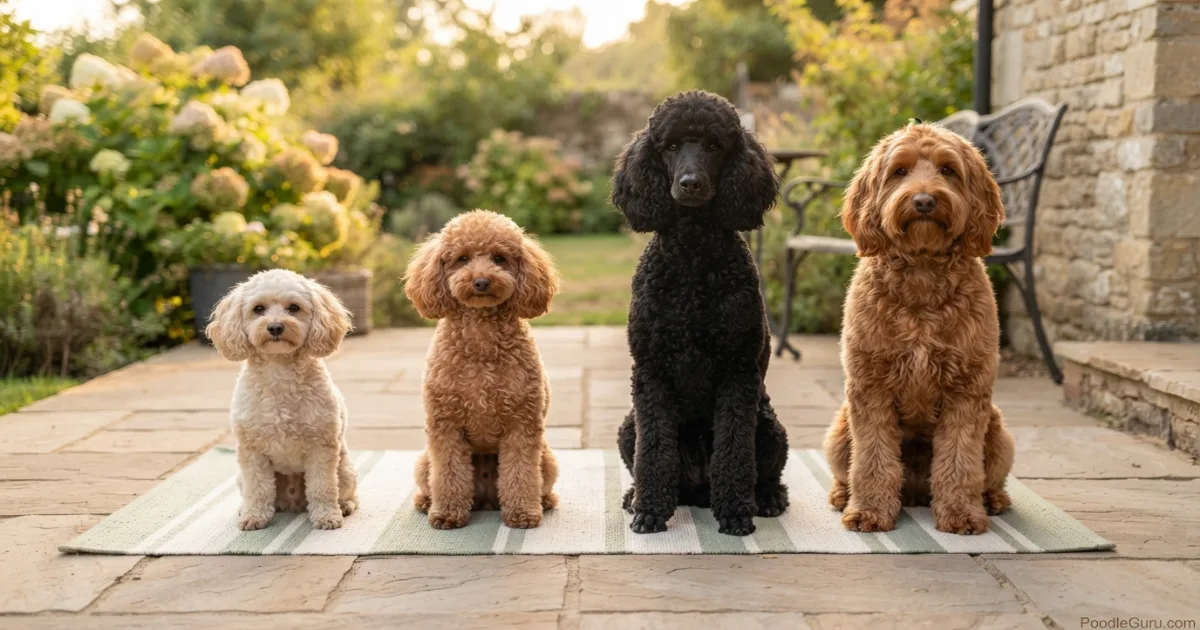 Toy, Miniature, and Standard Poodles alongside a medium Goldendoodle for size comparison