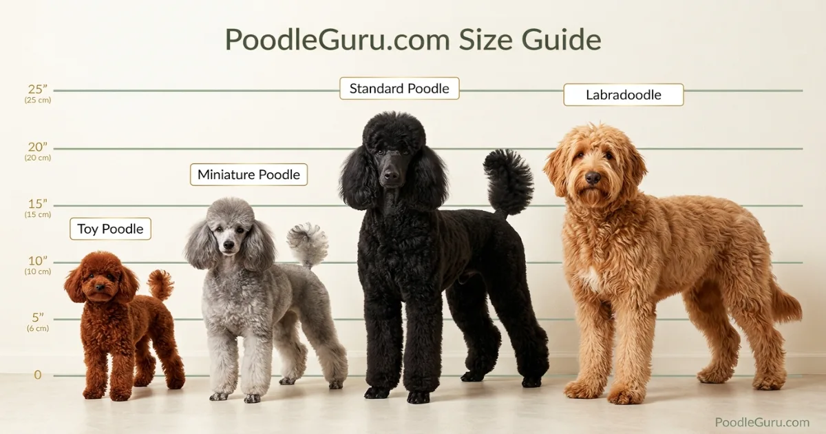 Size comparison chart showing Toy, Miniature, and Standard Poodles alongside a typical Labradoodle