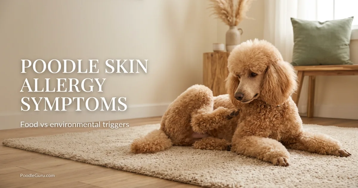 Standard Poodle scratching gently, showing poodle skin allergy symptoms like itching and irritated skin