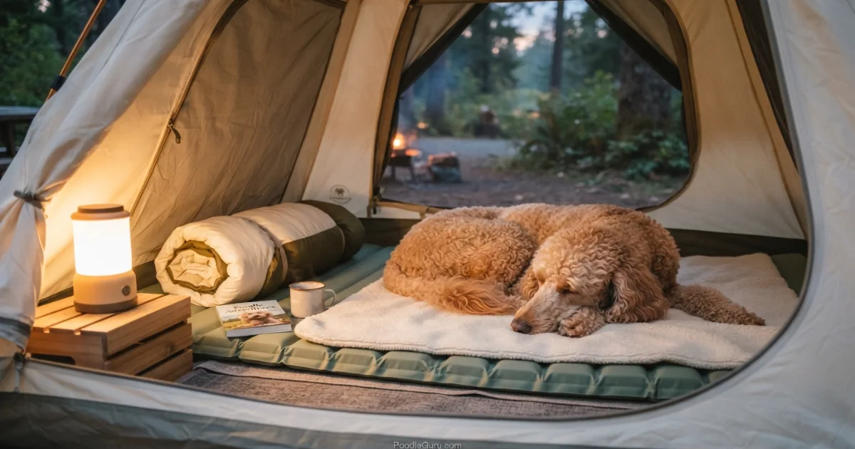 Poodle sleeping safely inside a tent on a foam pad while camping with a dog