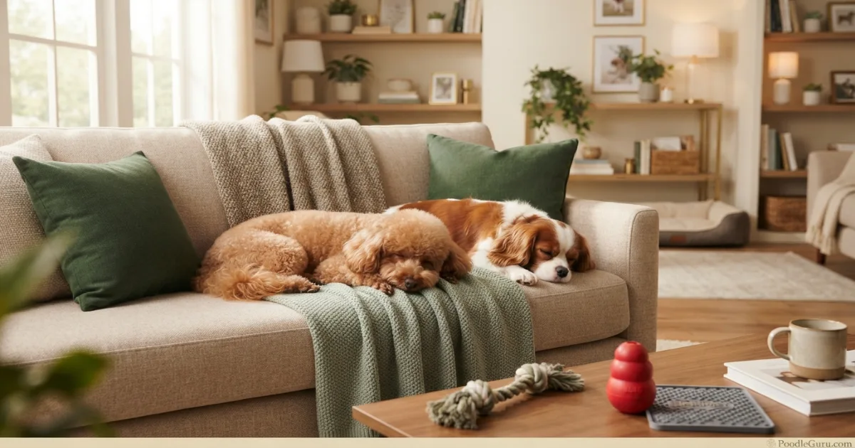 Miniature Poodle in calm in-home daycare alternative with one compatible dog friend