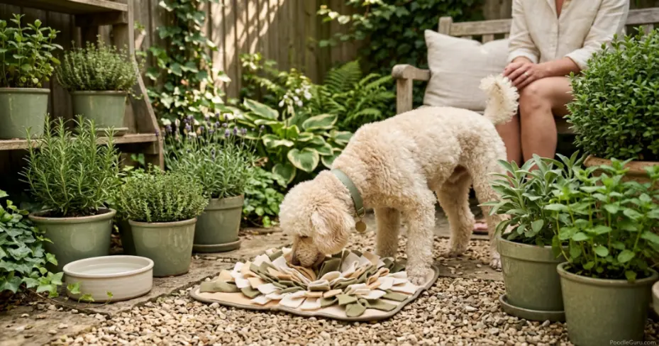 Miniature Poodle using a snuffle mat for enrichment instead of digging in the yard
