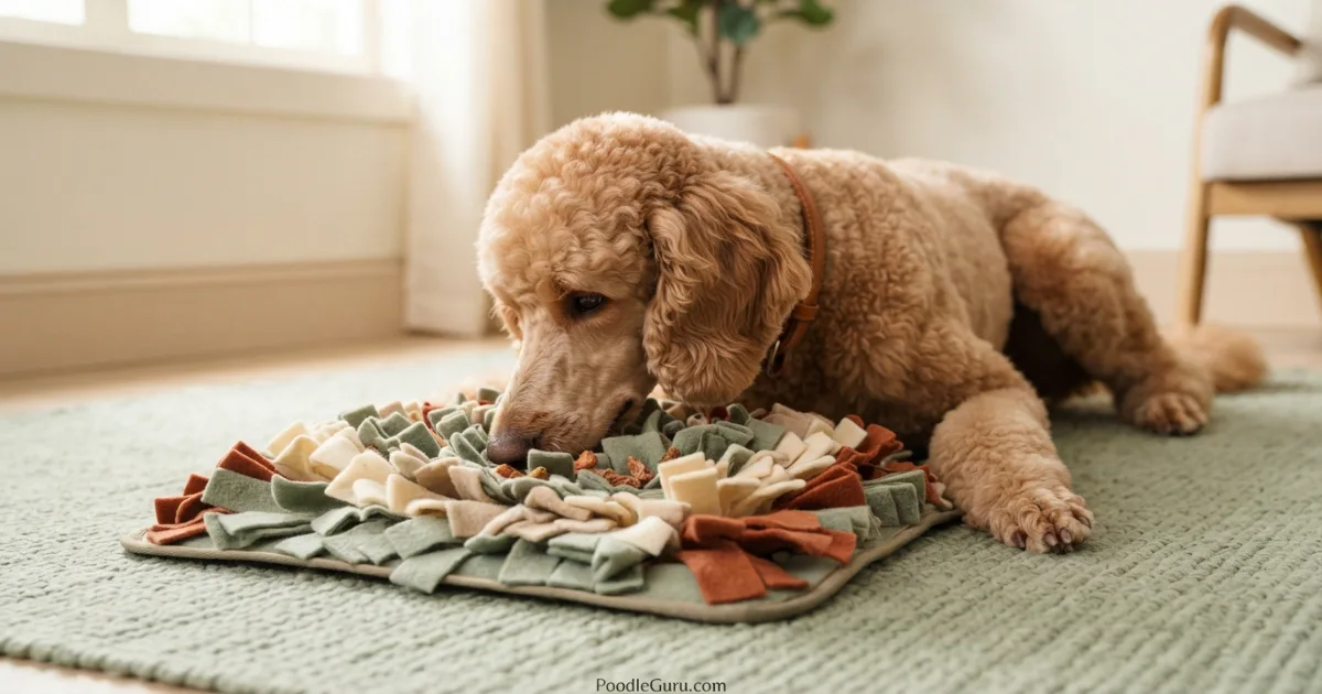 Standard poodle engaged with a snuffle mat, sniffing for treats on a sage green rug