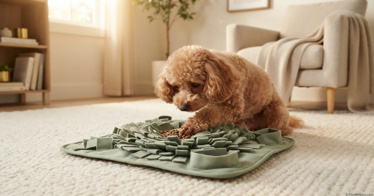 Toy Poodle using a snuffle mat for calming mental enrichment