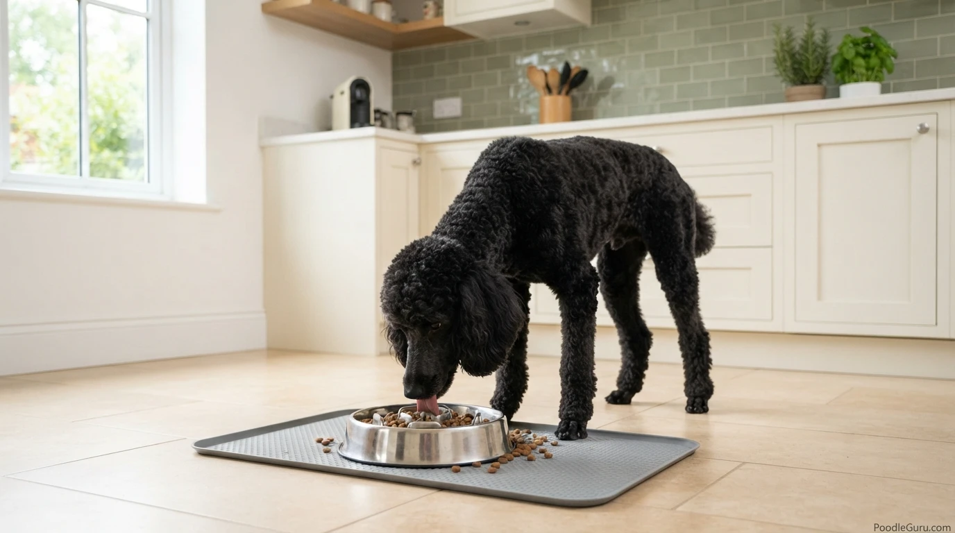 Standard Poodle eating from a stainless steel slow feeder bowl in a bright kitchen