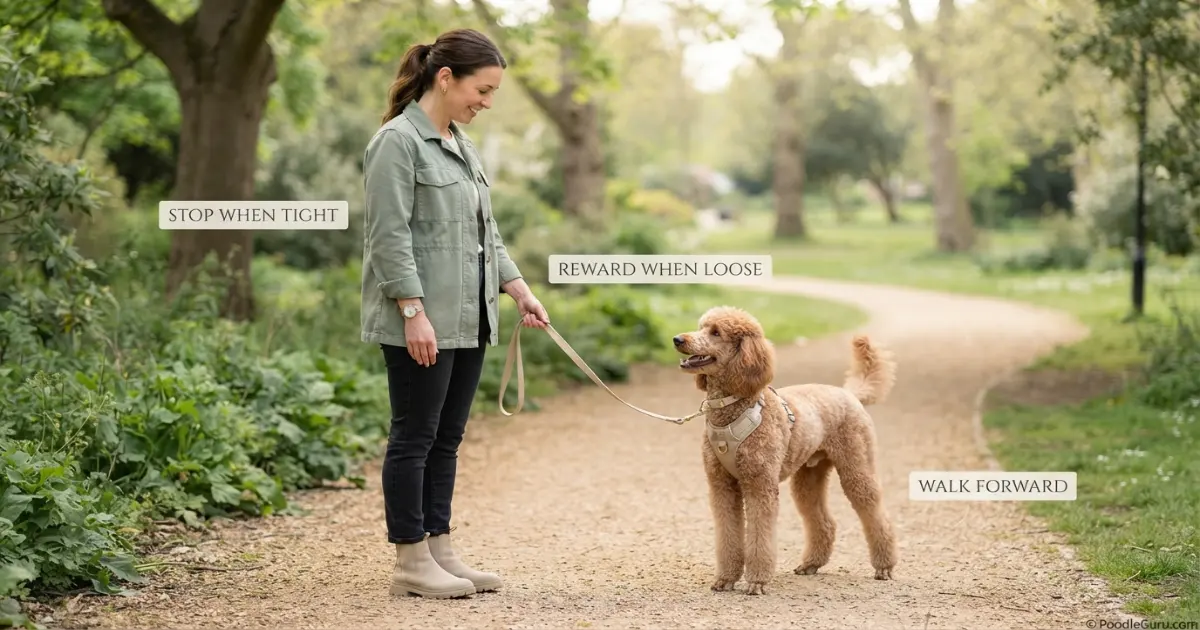 Stop and go loose leash training method for a Poodle
