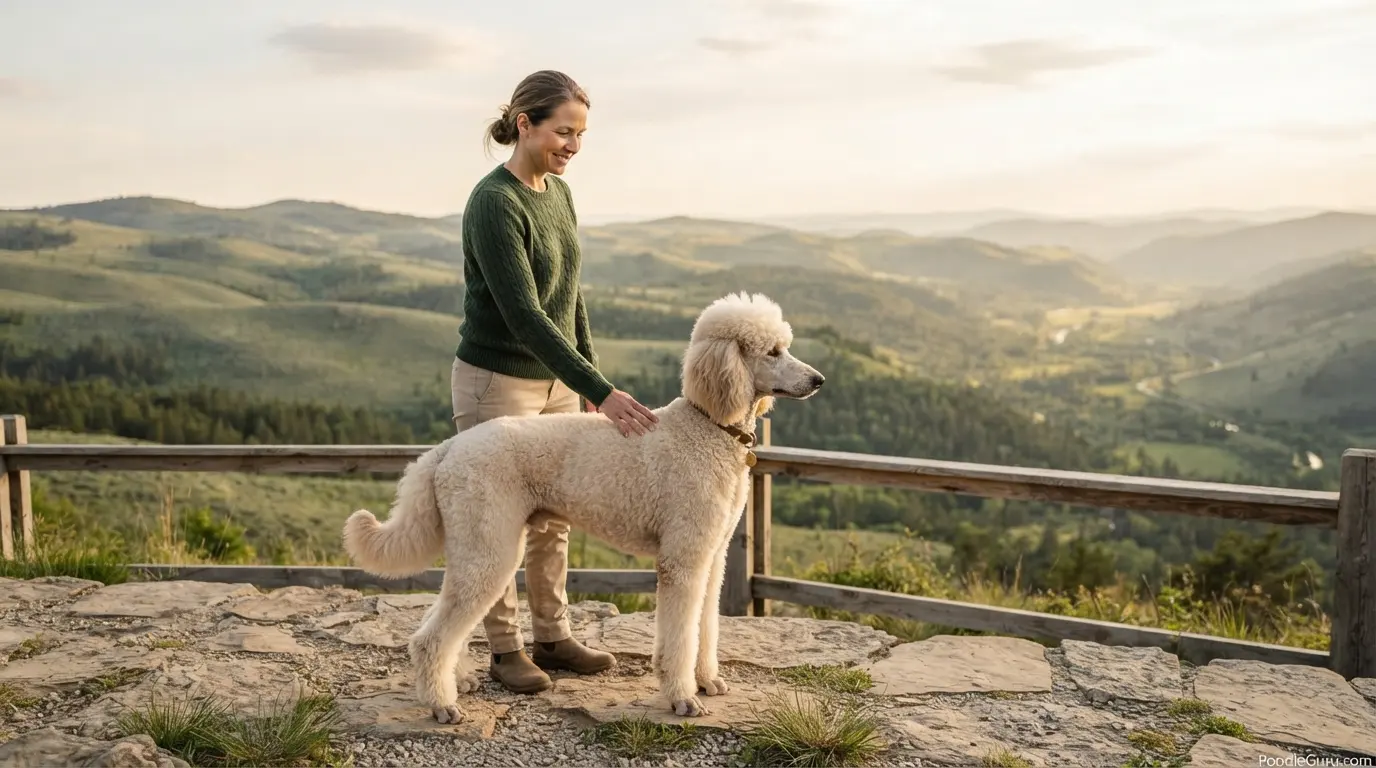 Standard poodle standing on a scenic overlook with owner after a successful hike