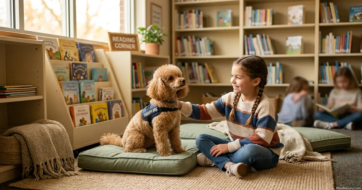 Miniature Poodle therapy dog being gently petted by a child during a school reading program