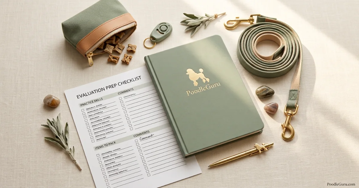 Poodle therapy dog evaluation preparation kit with checklist clicker treats and notebook