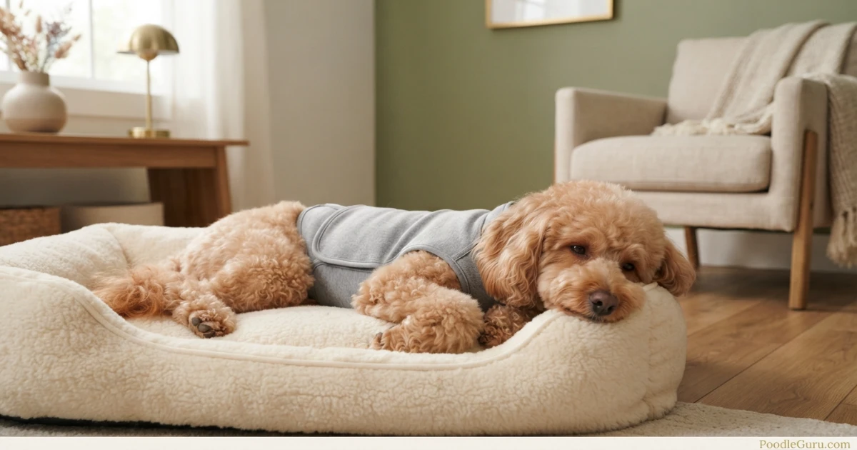 Miniature Poodle wearing a calming pressure wrap while resting on a dog bed