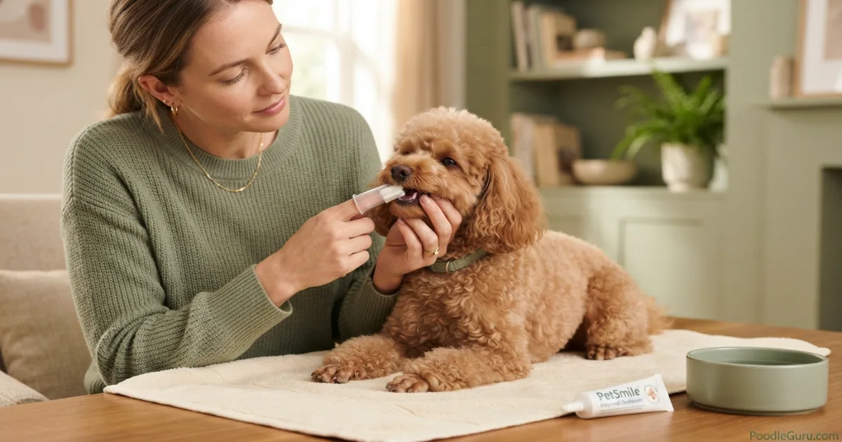 Owner brushing a Toy Poodle's teeth with enzymatic toothpaste — the best defense against poodle bad breath causes