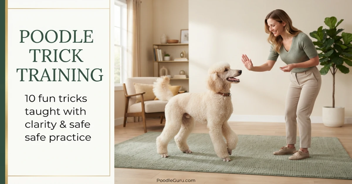Poodle trick training guide showing a Standard Poodle performing a spin with reward-based coaching