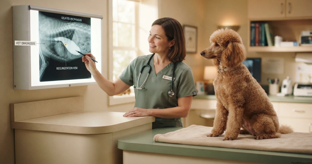 Owner feeding Poodle gruel upright for megaesophagus management