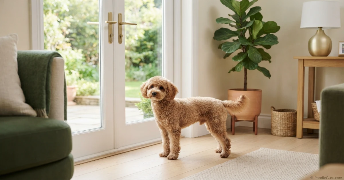 Toy Poodle standing by the door showing behavioral change — a common early poodle UTI symptom indicator