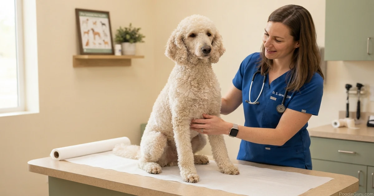 Veterinarian examining a Standard Poodle's abdomen for signs of adrenal disease