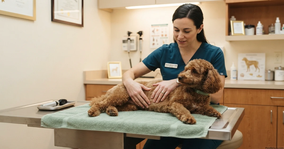 Vet examining a Miniature Poodle's abdomen to check for poodle vomiting causes like pancreatitis or obstruction