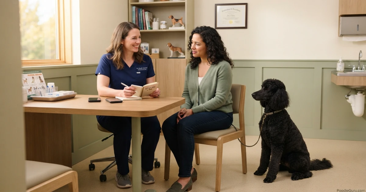 Owner consulting veterinarian about poodle seizure first aid and management plan