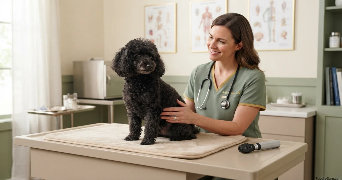 Miniature Poodle receiving calm veterinary diabetes checkup