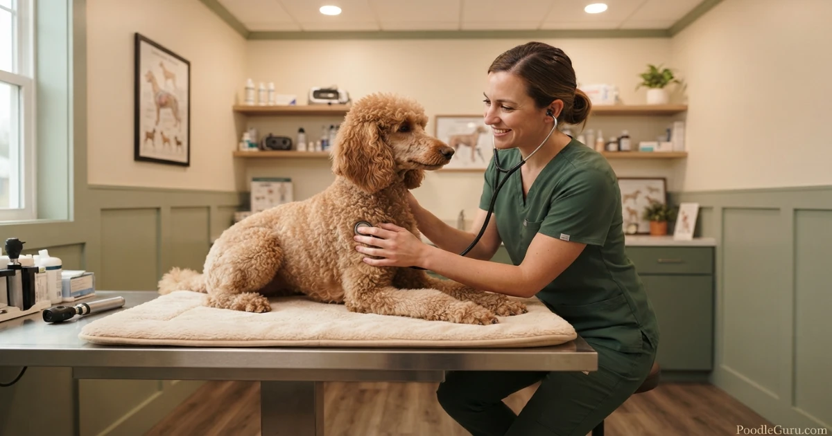 Veterinarian examining a standard poodle