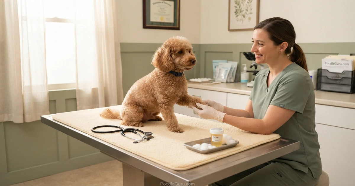 Miniature Poodle at the vet — early diagnosis of poodle UTI symptoms prevents serious complications